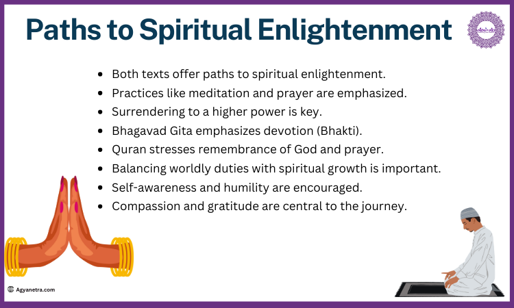 Both the Bhagavad Gita and the Quran provide paths to spiritual enlightenment