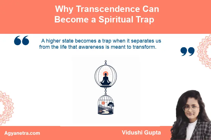 Meditating figure elevated above a busy landscape representing spiritual avoidance